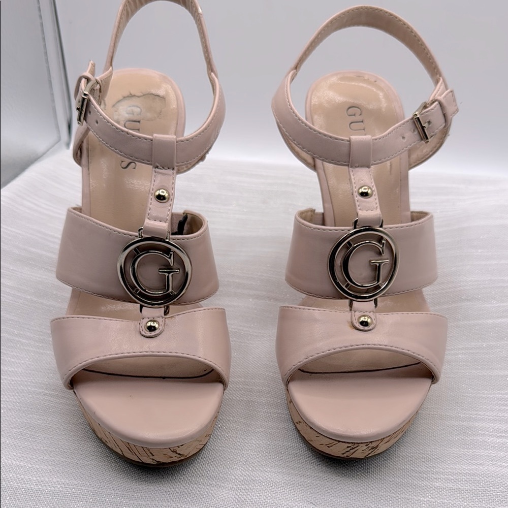 Guess Platform Sandals with Ankle Strap tan bone color size 81/2 M 5” cork wedge